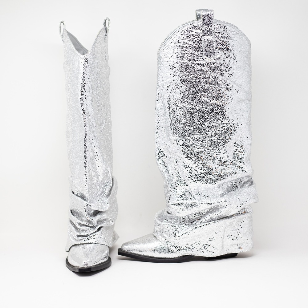 NEW Azalea Wang Shawnee Silver Metallic Scrunched Western Cowboy Boots Shoes 6